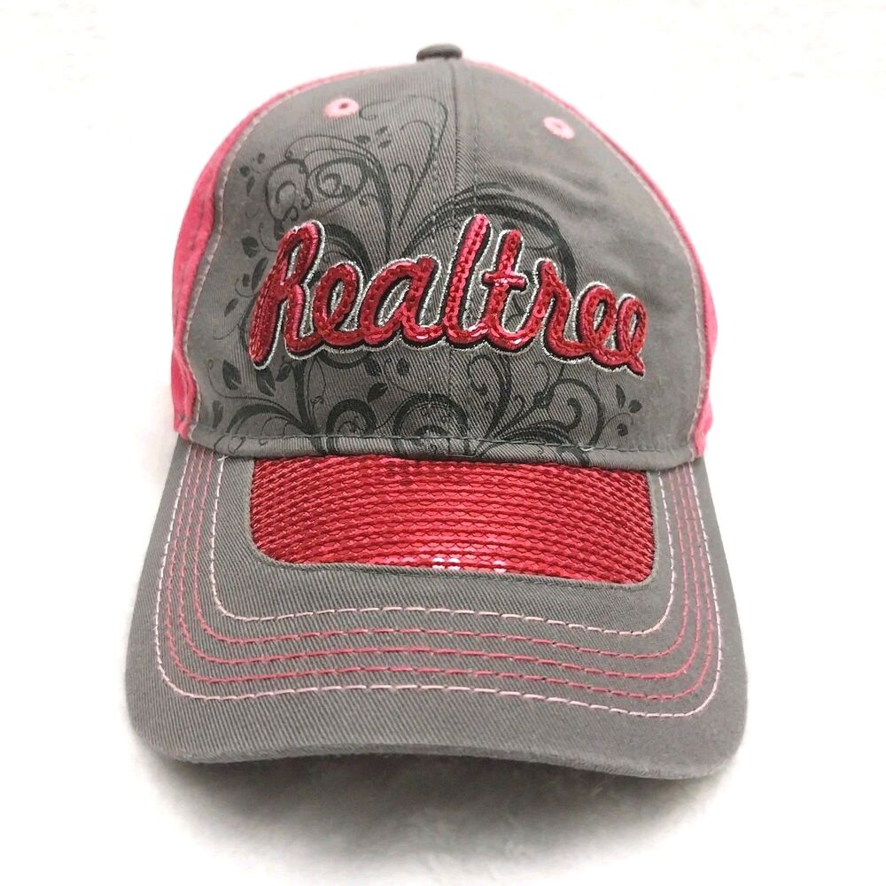 Realtree Women's Gray & Pink Baseball Cap Hat Red Sequin Accent Strapback #E61